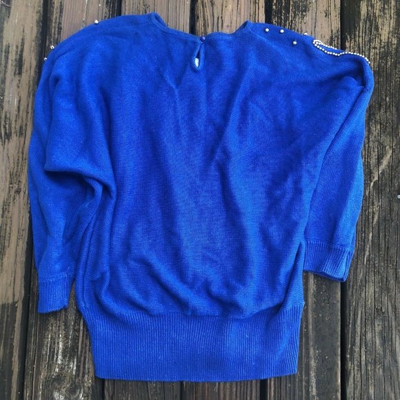 Royal Blue Sweater Sz L XL Gold Beaded Rope Embroidery Vintage 80s The Goldbergs - Picture 4 of 4